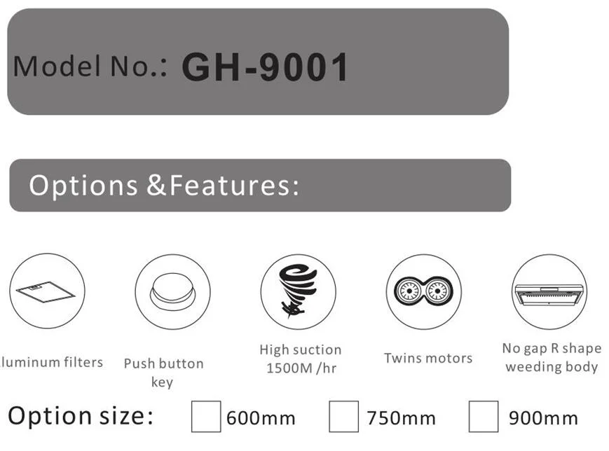 중국 제조사 최고 외벽은 부엌 템퍼드 글라스 렌지 후드 Gh-9001을 탑재했습니다